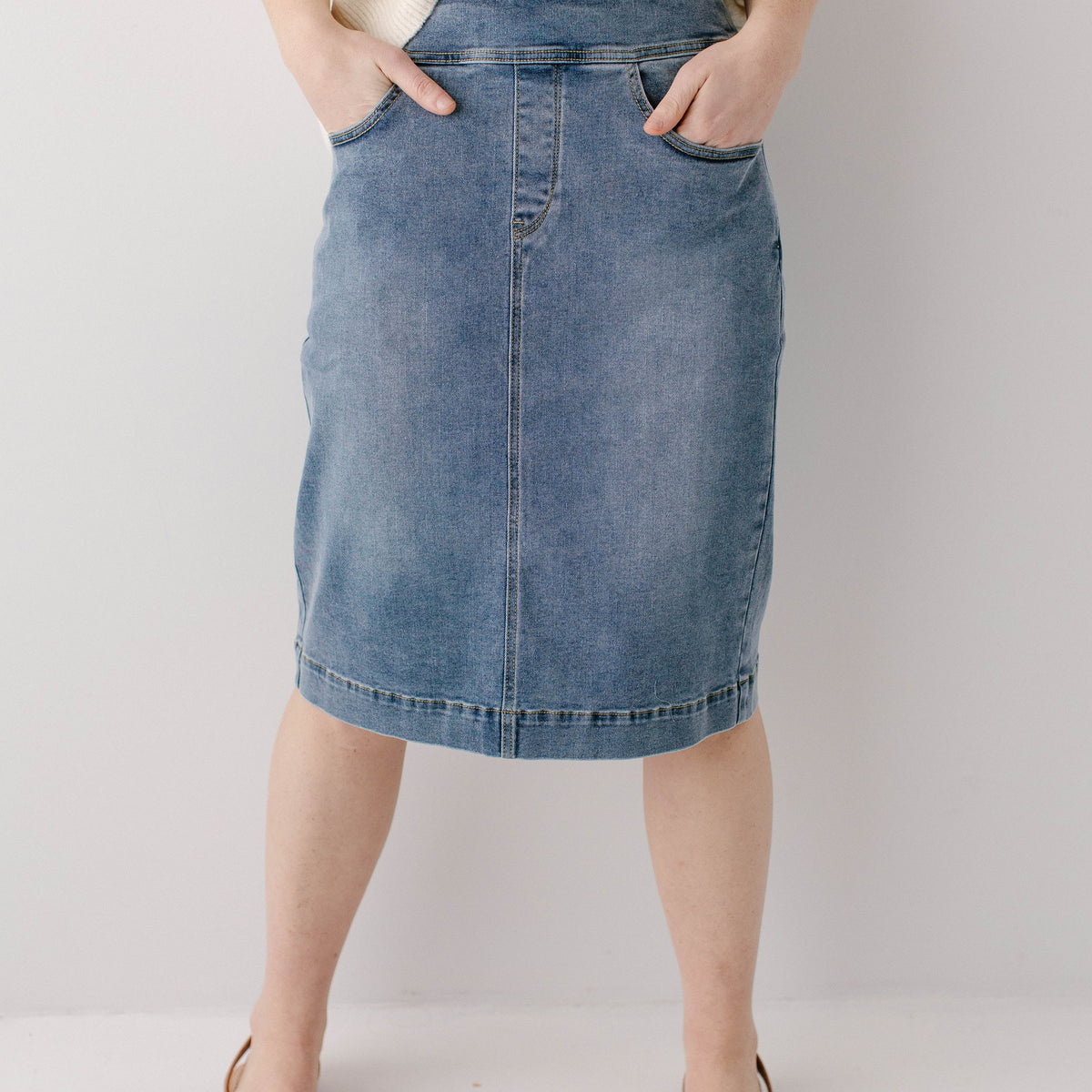 Elasticated Waist Knee Length Stretch Denim Skirt Women