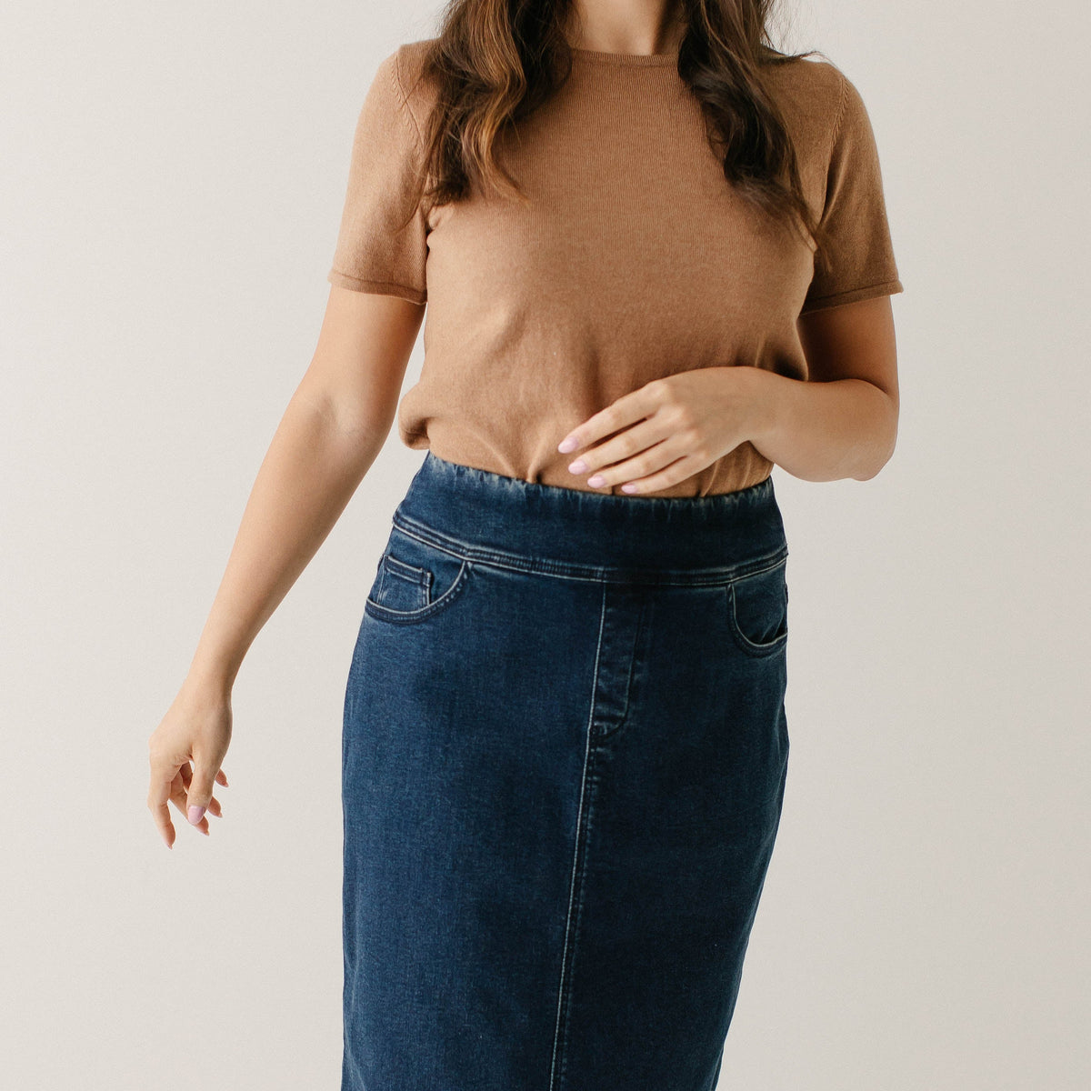 Elasticated Waist Knee Length Stretch Denim Skirt Women