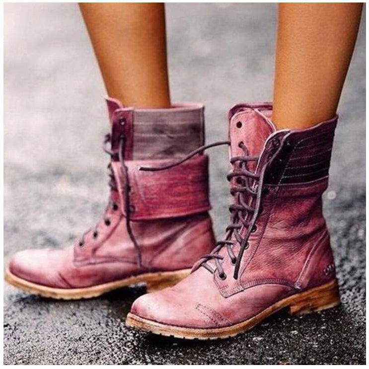 Faux Leather Round Toe Lace Up Foldover Slouch Mid Calf Boots Women