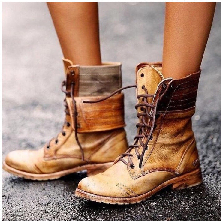 Faux Leather Round Toe Lace Up Foldover Slouch Mid Calf Boots Women