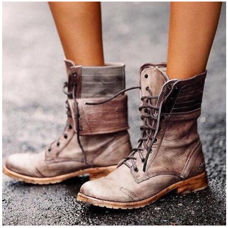Faux Leather Round Toe Lace Up Foldover Slouch Mid Calf Boots Women