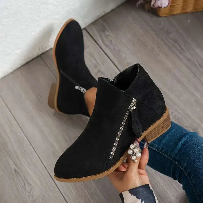 Block Heeled Pointed Toe Zip Up Autumn Faux Suede Ankle Boots Women