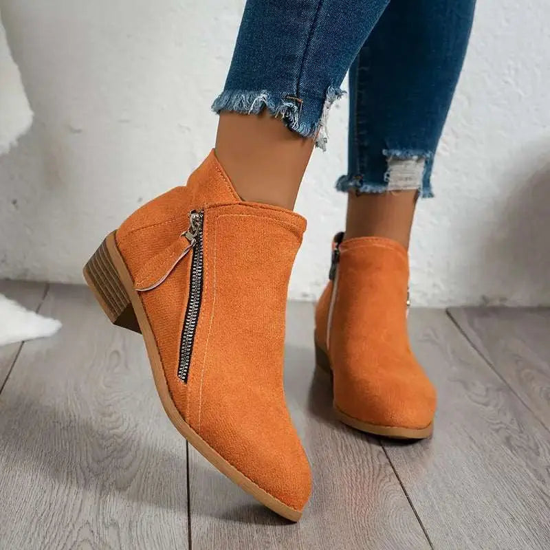 Block Heeled Pointed Toe Zip Up Autumn Faux Suede Ankle Boots Women