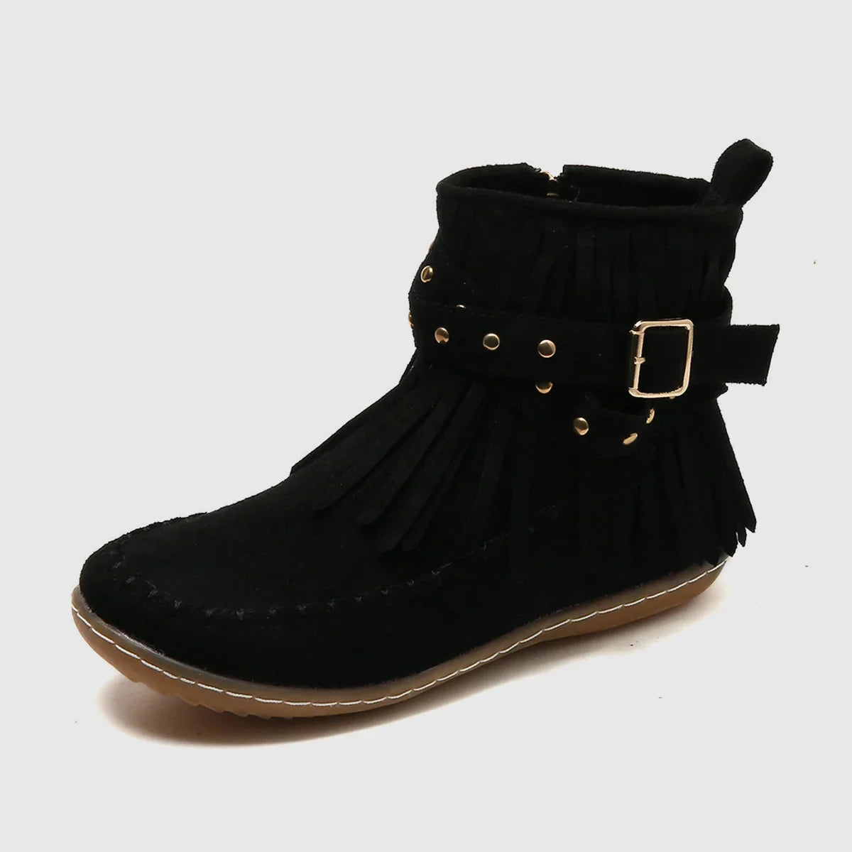 Studded Buckle Fringe Flat Zip Up Autumn Faux Suede Ankle Boots Women