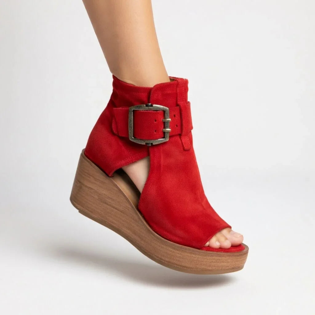 Buckle Cut Out Wedge Platform Peep Toe Faux Leather Ankle Boots Women