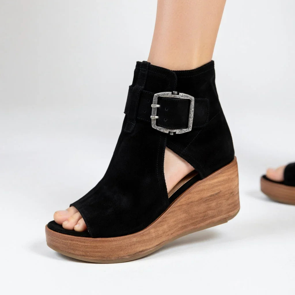Buckle Cut Out Wedge Platform Peep Toe Faux Leather Ankle Boots Women