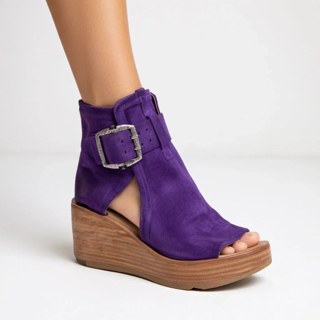 Buckle Cut Out Wedge Platform Peep Toe Faux Leather Ankle Boots Women