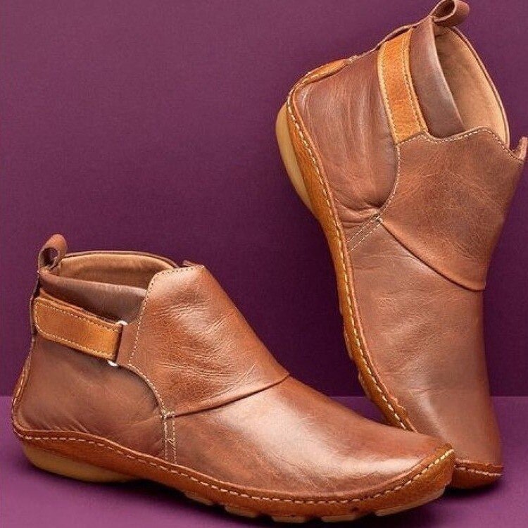 Ruched Flat Pull On Autumn Faux Leather Ankle Boots Women