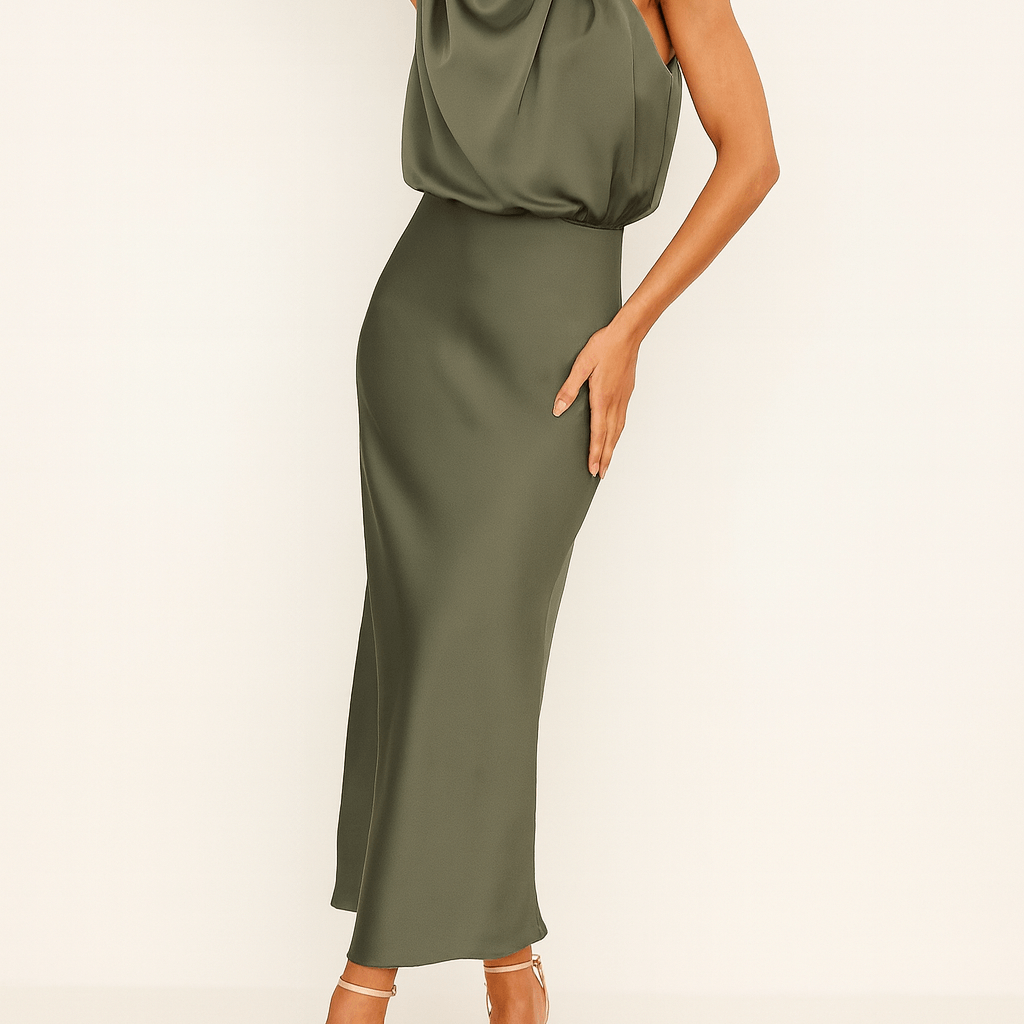Halter Neck Sleeveless Satin Midi Evening Dress Women