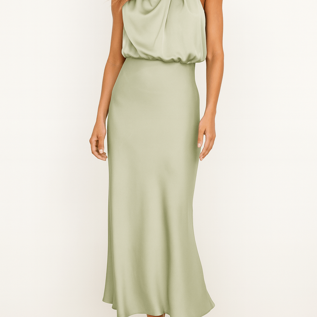 Halter Neck Sleeveless Satin Midi Evening Dress Women
