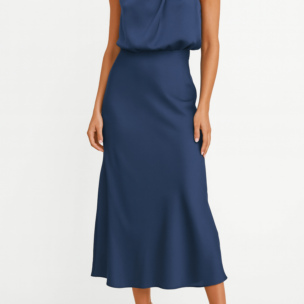 Halter Neck Sleeveless Satin Midi Evening Dress Women