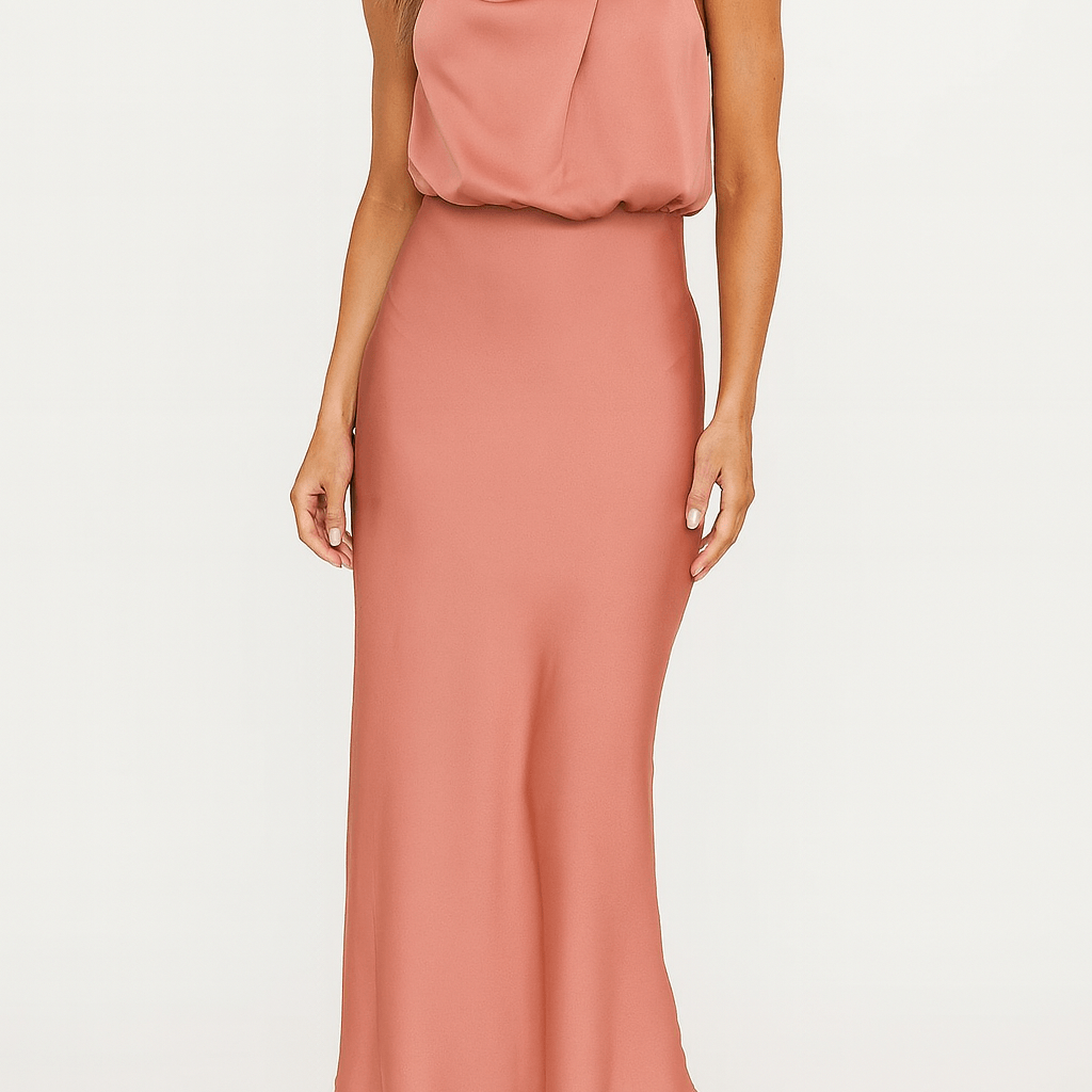 Halter Neck Sleeveless Satin Midi Evening Dress Women