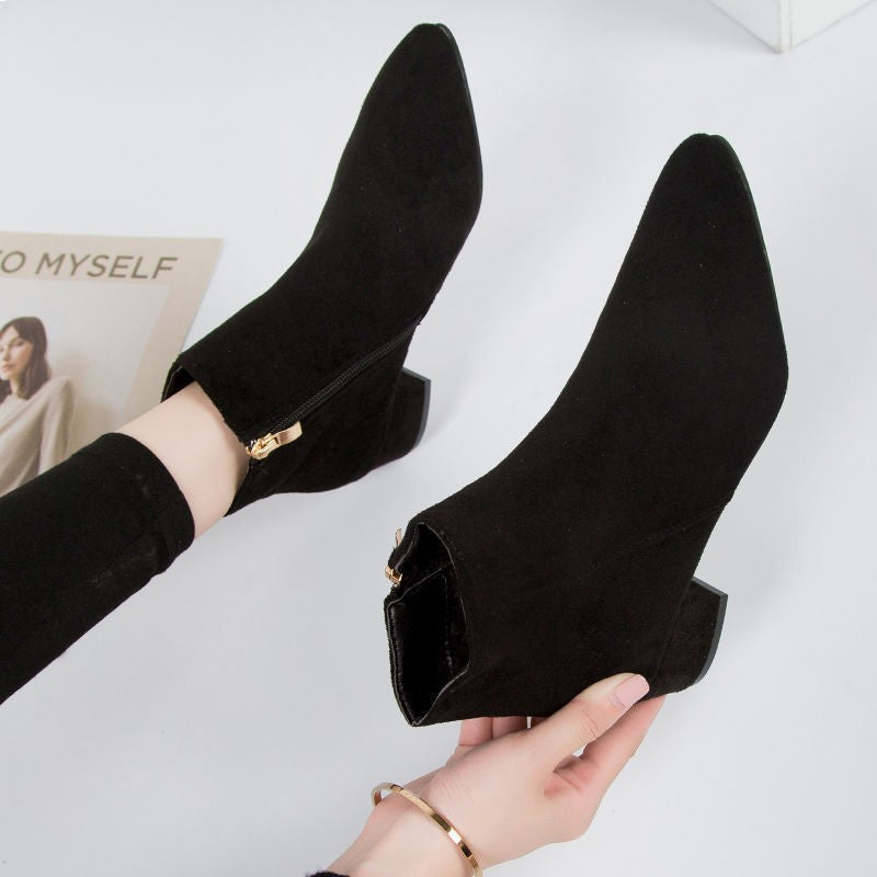 Block Heeled Pointed Toe Zip Up Autumn Smart Faux Leather Ankle Boots Women
