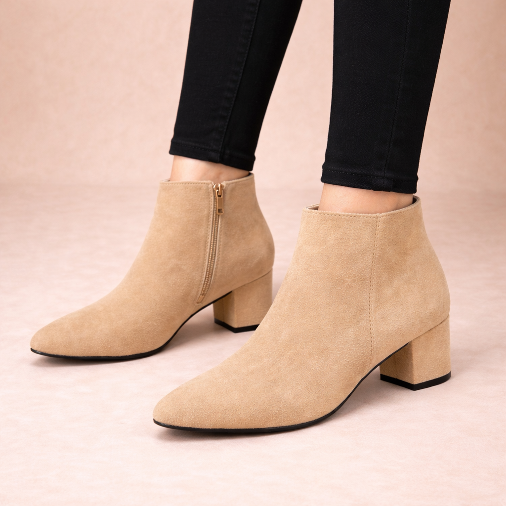 Block Heeled Pointed Toe Zip Up Autumn Smart Faux Leather Ankle Boots Women