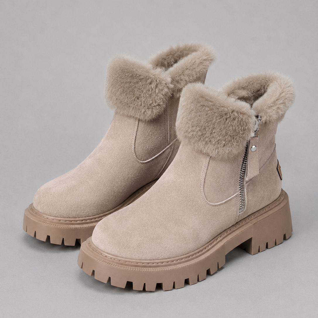 Faux Fur Lined Winter Chunky Zip Up Faux Suede Ankle Boots Women