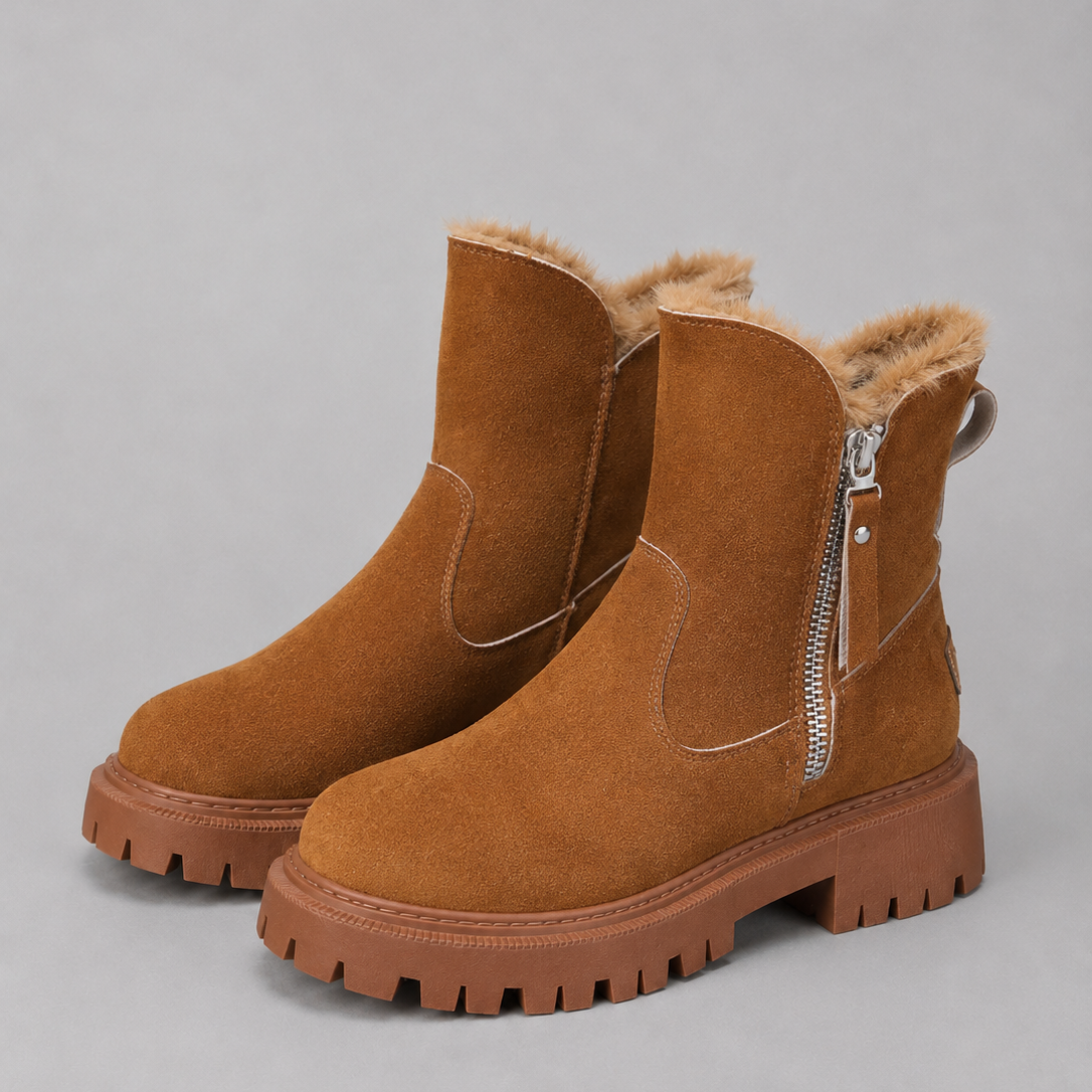 Faux Fur Lined Winter Chunky Zip Up Faux Suede Ankle Boots Women