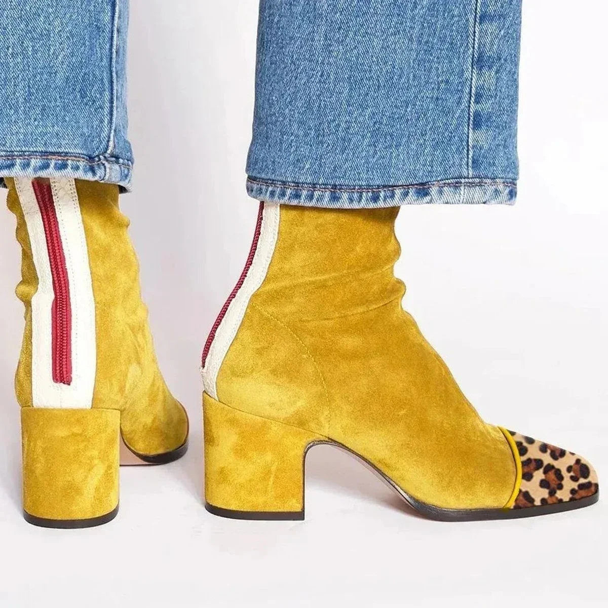 Ruched Block Heeled Square Toe Zip Up Autumn Faux Suede Ankle Boots Women