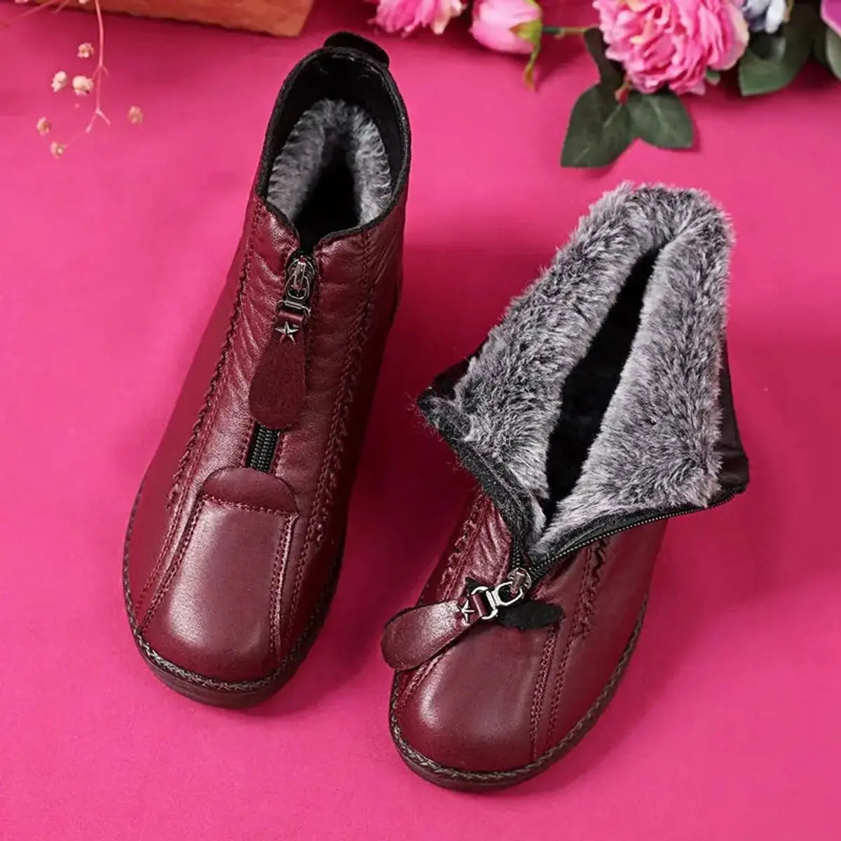 Faux Fur Lined Winter Flat Round Toe Zip Up Ankle Boots Women