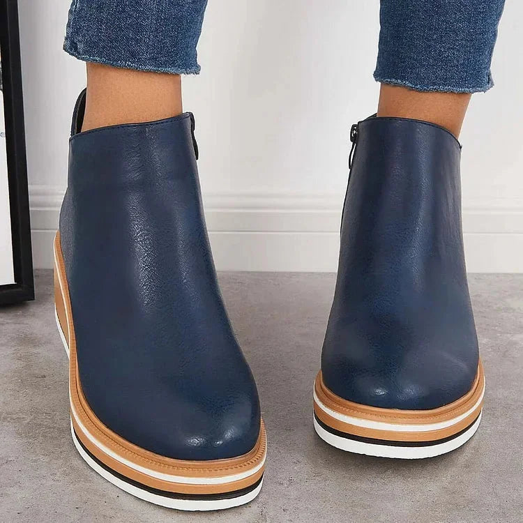 Wedge Platform Round Toe Zip Up Autumn Faux Leather Ankle Boots Women