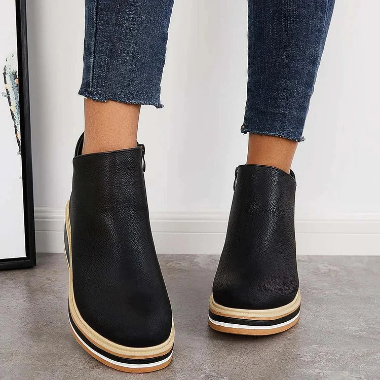 Wedge Platform Round Toe Zip Up Autumn Faux Leather Ankle Boots Women