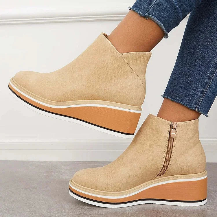 Wedge Platform Round Toe Zip Up Autumn Faux Leather Ankle Boots Women