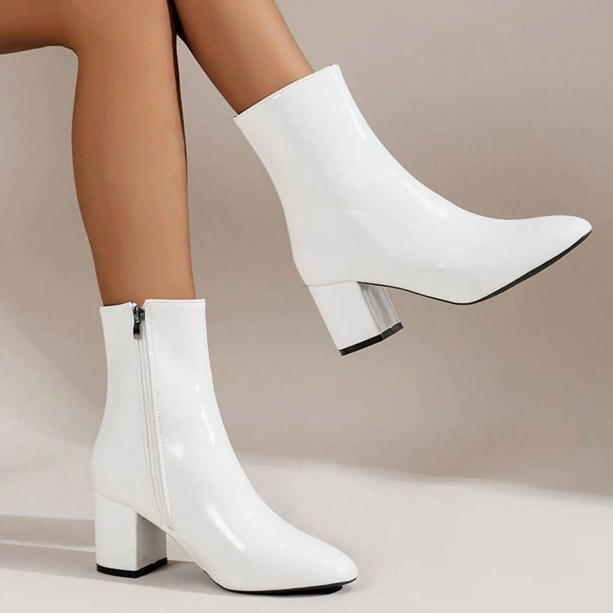 Faux Leather Block Heeled Square Toe Zip Up Patent Autumn Smart Ankle Boots Women