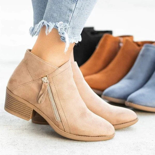Block Heeled Round Toe Zip Up Autumn Faux Suede Ankle Boots Women