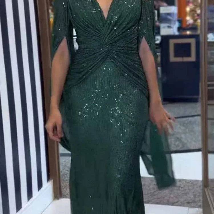 V Neck Sequin Ruched Cape Bodycon Maxi Evening Christmas Dress Women