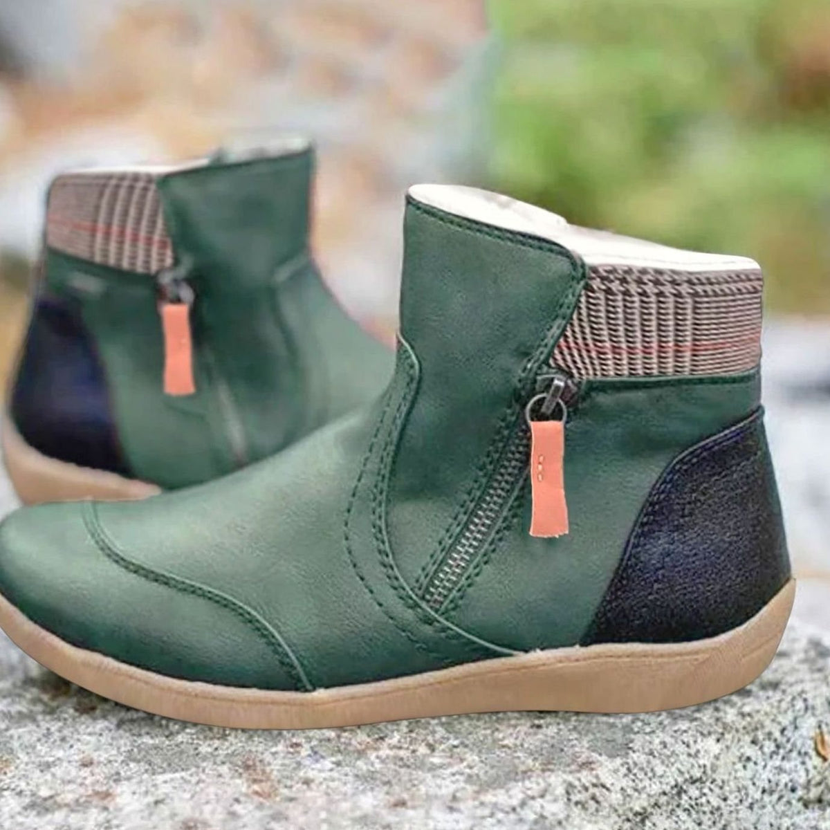 Fleece Lined Winter Flat Round Toe Zip Up Faux Leather Ankle Boots Women