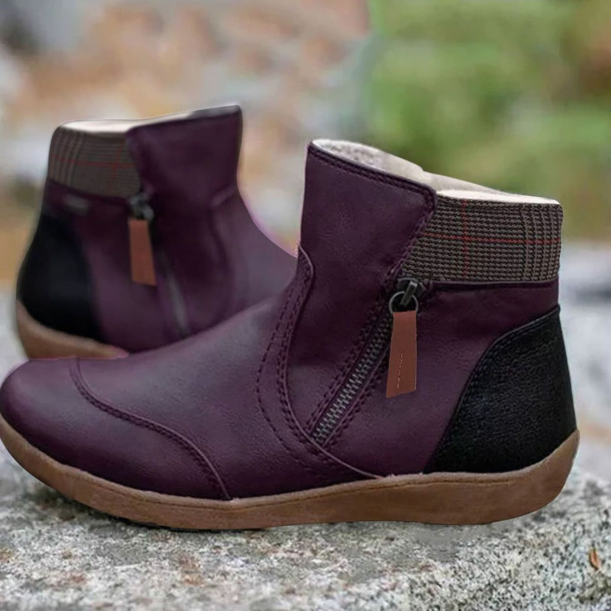 Fleece Lined Winter Flat Round Toe Zip Up Faux Leather Ankle Boots Women