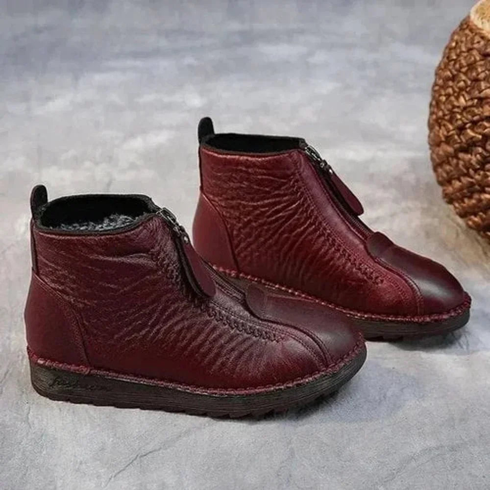 Faux Fur Lined Winter Flat Round Toe Zip Up Ankle Boots Women
