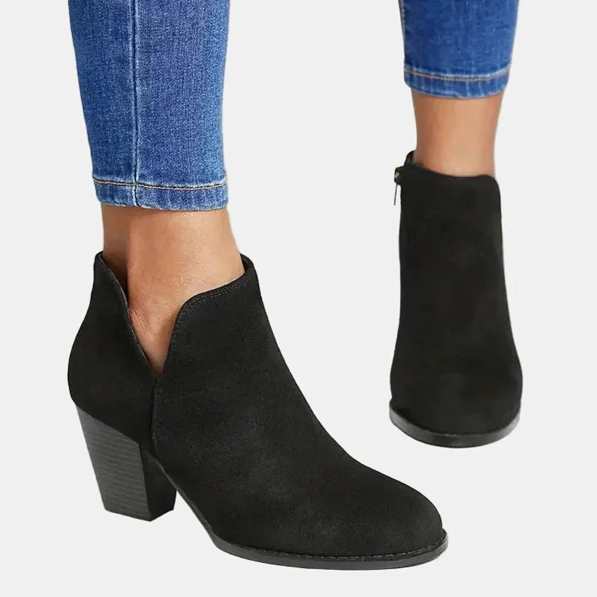 Cut Out Block Heeled Round Toe Zip Up Autumn Faux Suede Ankle Boots Women
