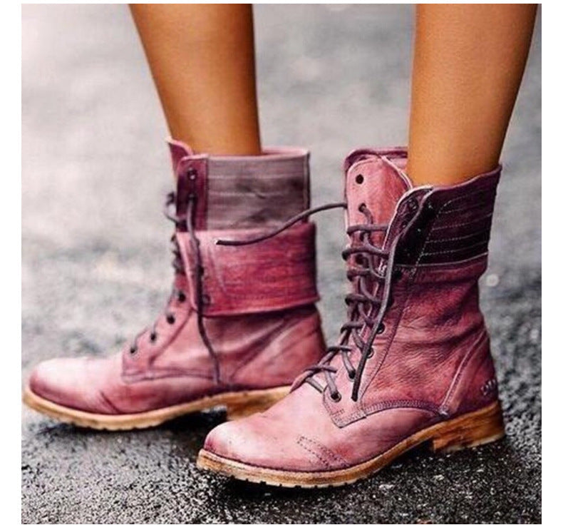Faux Leather Round Toe Lace Up Foldover Slouch Mid Calf Boots Women