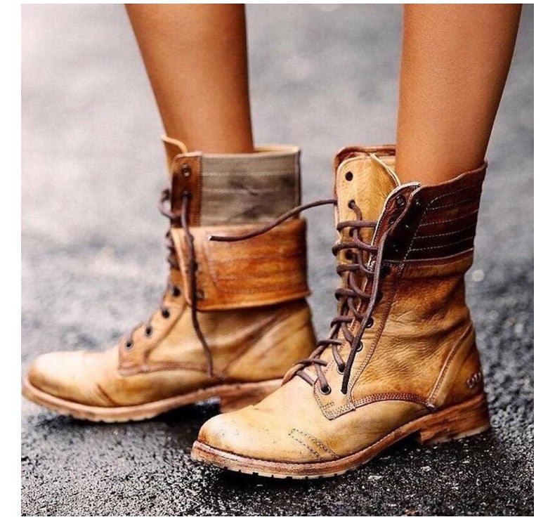 Faux Leather Round Toe Lace Up Foldover Slouch Mid Calf Boots Women