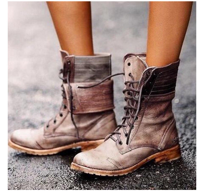 Faux Leather Round Toe Lace Up Foldover Slouch Mid Calf Boots Women