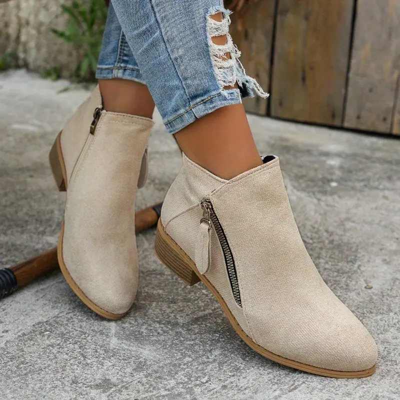 Block Heeled Pointed Toe Zip Up Autumn Faux Suede Ankle Boots Women