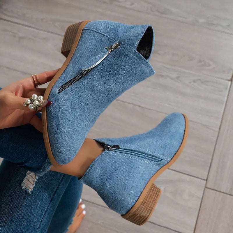 Block Heeled Pointed Toe Zip Up Autumn Faux Suede Ankle Boots Women