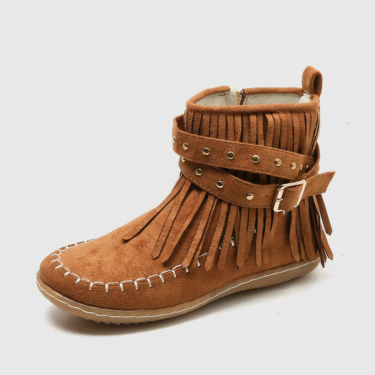 Studded Buckle Fringe Flat Zip Up Autumn Faux Suede Ankle Boots Women