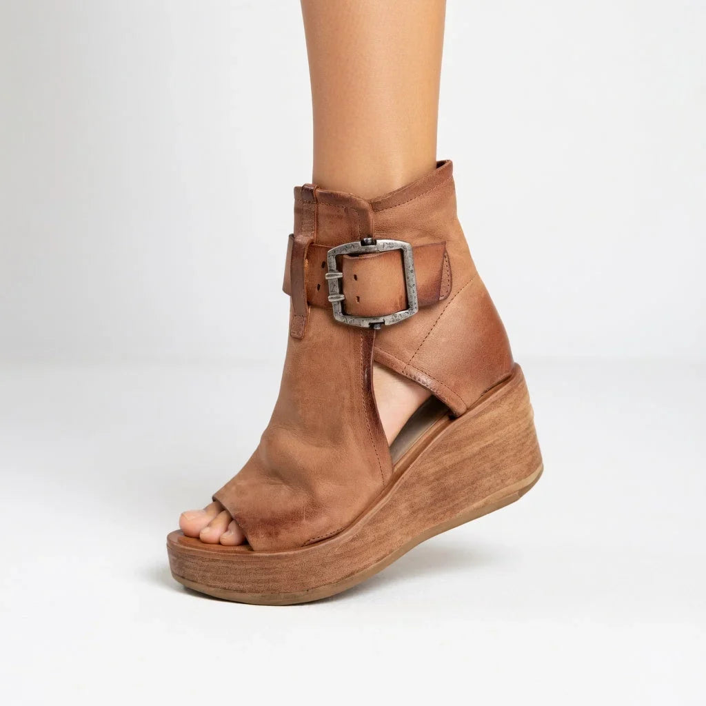 Buckle Cut Out Wedge Platform Peep Toe Faux Leather Ankle Boots Women