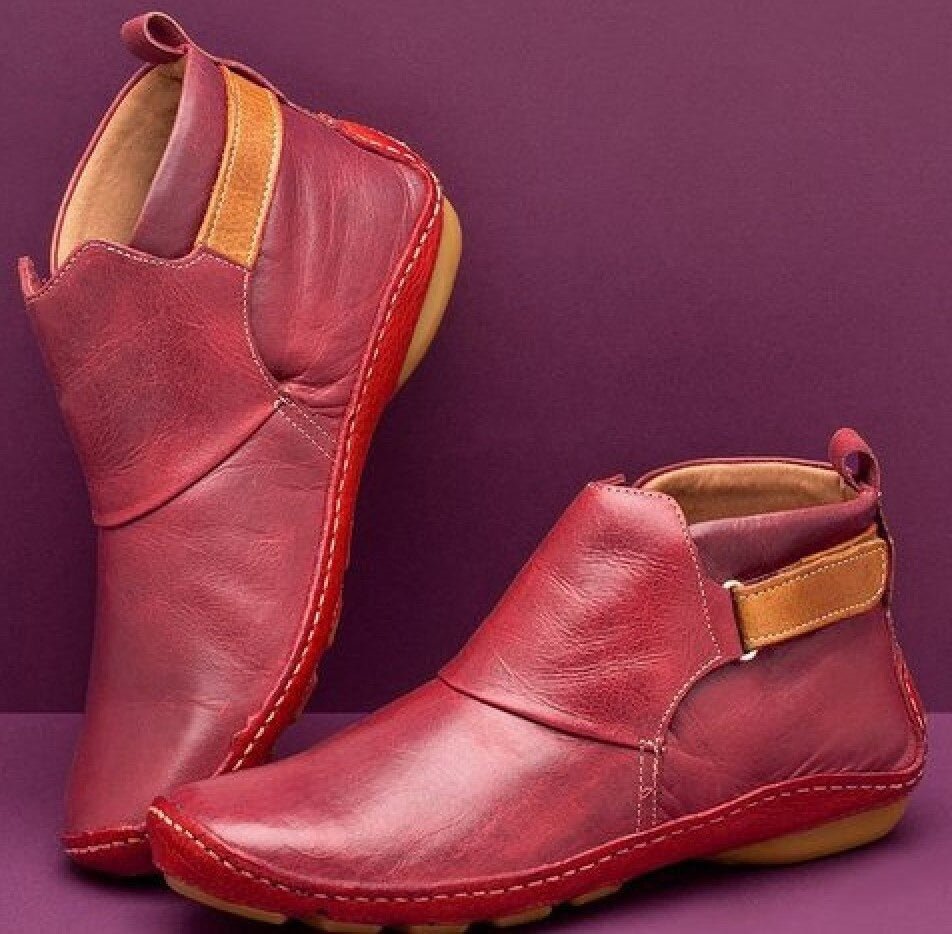 Ruched Flat Pull On Autumn Faux Leather Ankle Boots Women