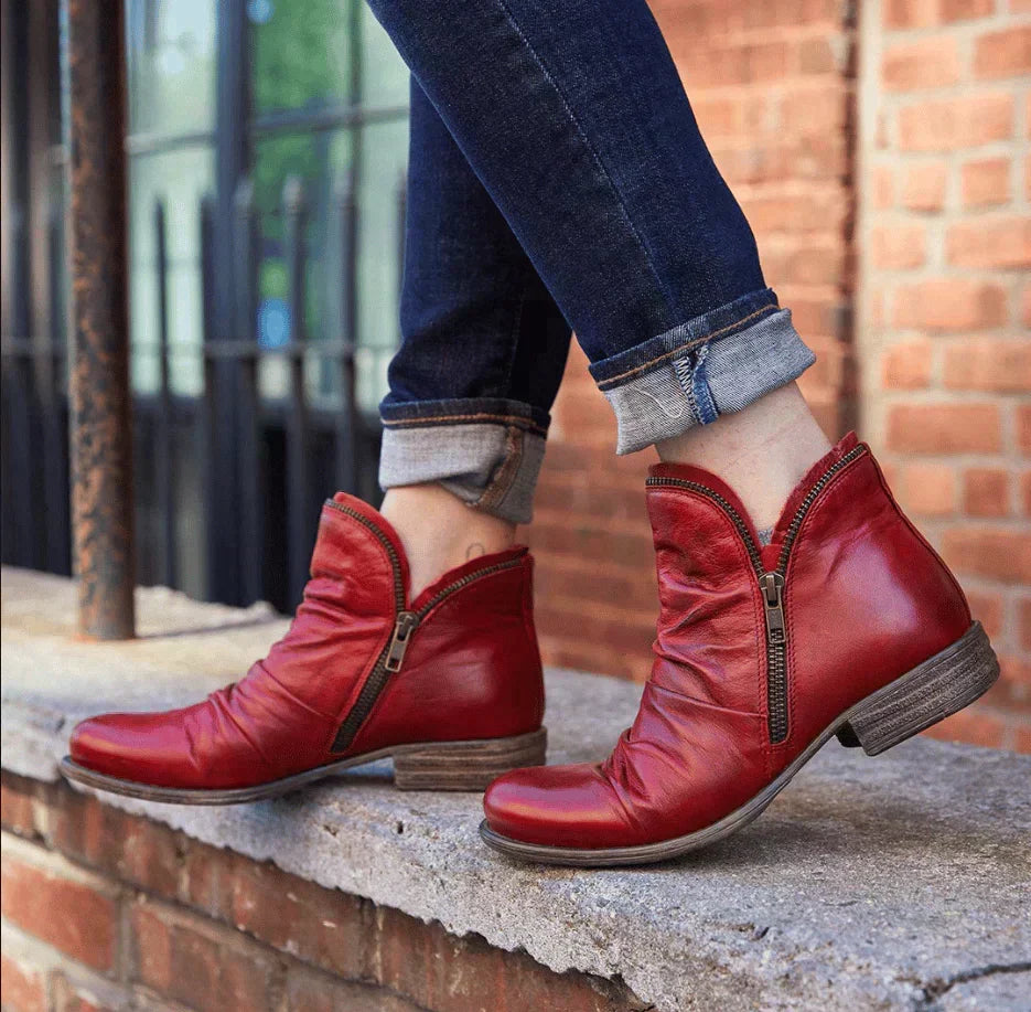 Ruched Flat Zip Up Faux Leather Winter Ankle Boots Women