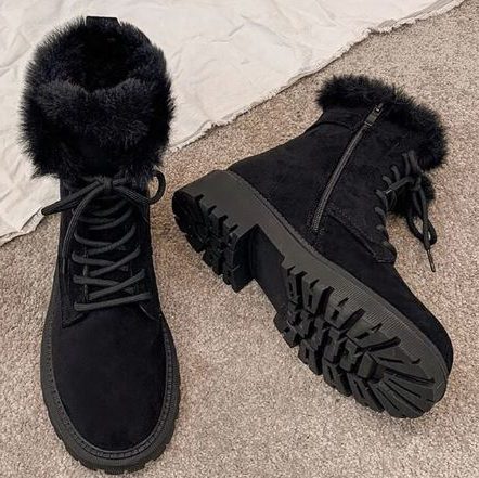 Faux Fur Lined Winter Chunky Lace Up Faux Suede Ankle Boots Women