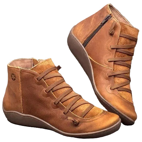 Flat Round Toe Lace Up Autumn Faux Leather Ankle Boots Women