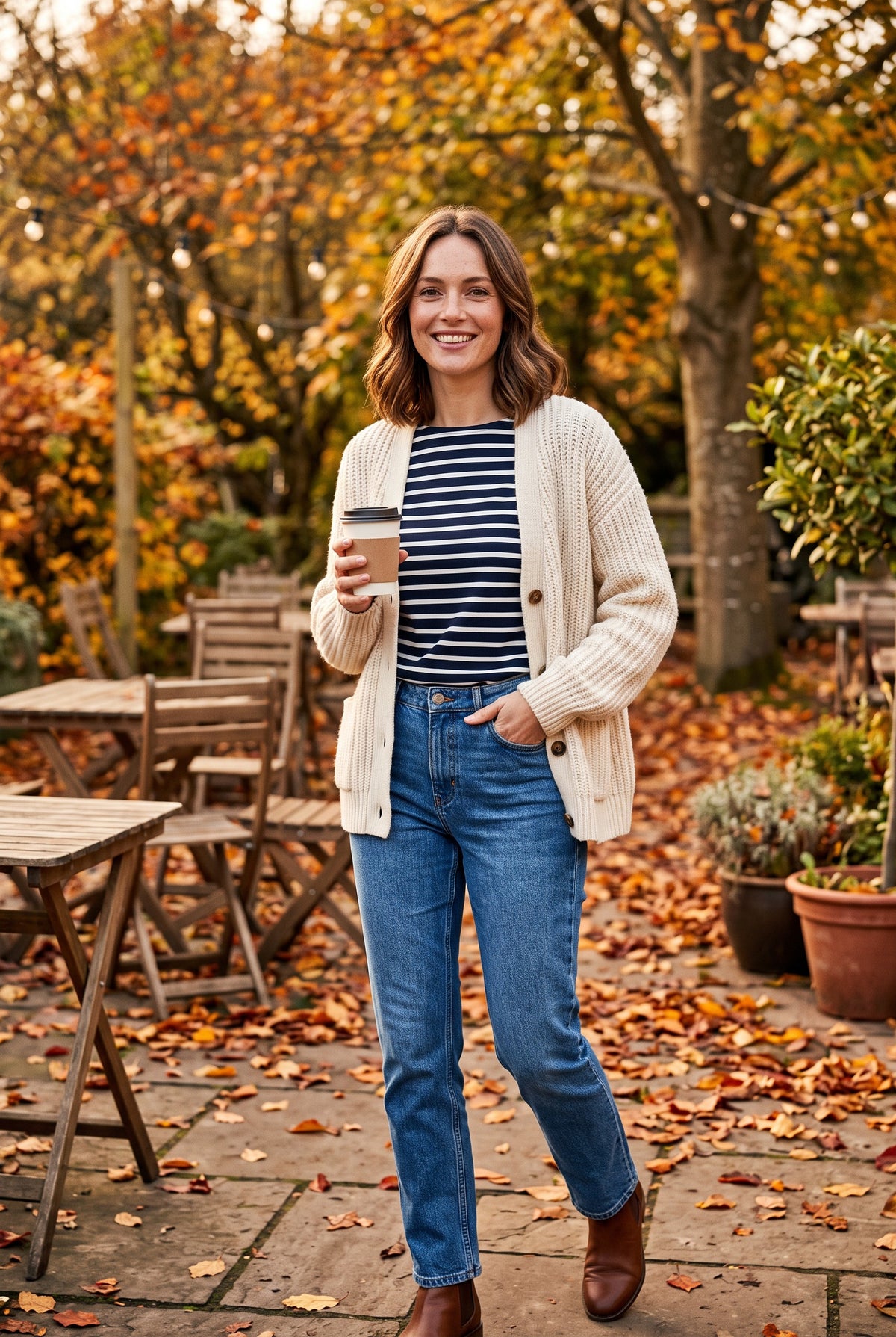 Woman in a chunky cream knit cardigan, striped top and blue jeans with a coffee in an autumn cafe garden