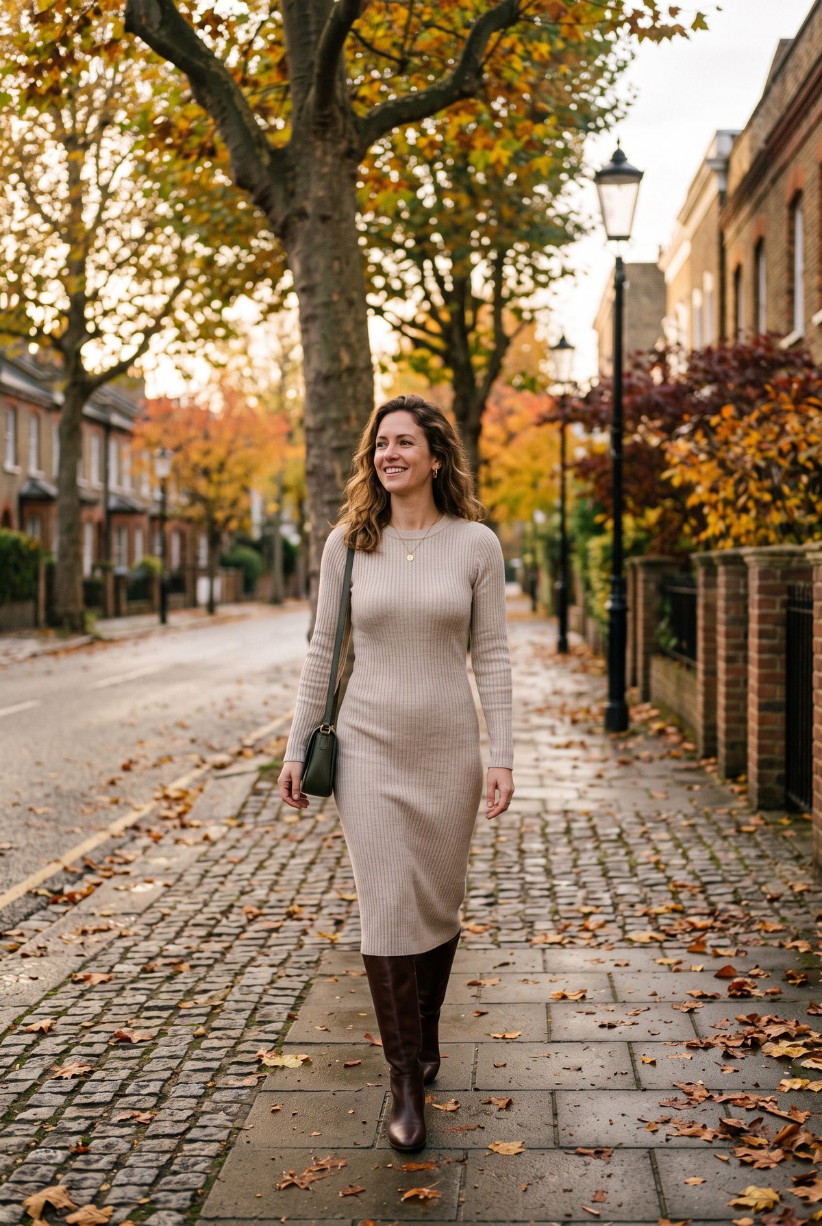 Woman in an oatmeal knitted long-sleeve midi jumper dress and brown knee high boots on an autumn London street