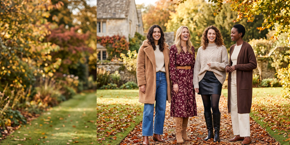 Four women in Lola Looks autumn outfits in a country garden: teddy coat with jeans, burgundy floral midi dress with knee high boots, cable knit jumper with faux leather mini skirt, long knitted cardigan
