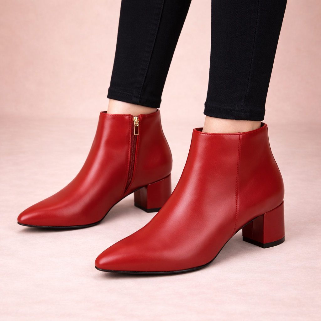 Block Heeled Pointed Toe Zip Up Autumn Smart Faux Leather Ankle Boots Women