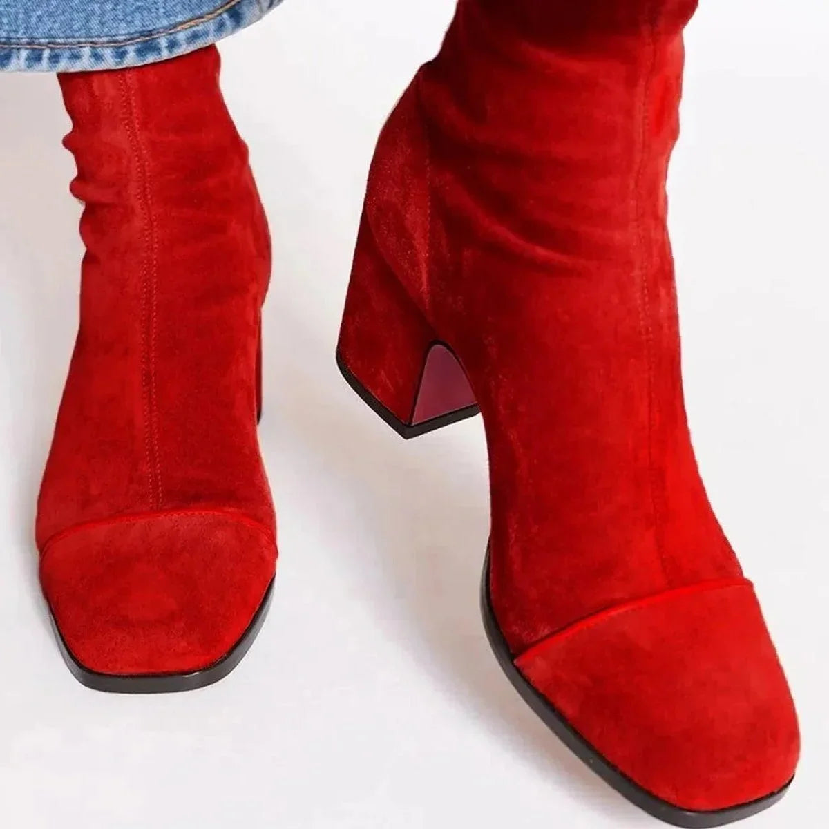Ruched Block Heeled Square Toe Zip Up Autumn Faux Suede Ankle Boots Women