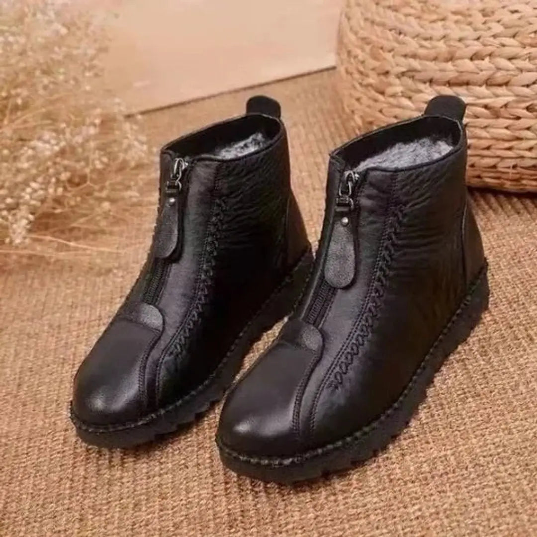 Faux Fur Lined Winter Flat Round Toe Zip Up Ankle Boots Women