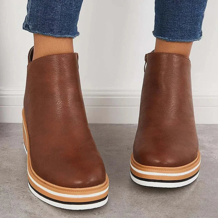 Wedge Platform Round Toe Zip Up Autumn Faux Leather Ankle Boots Women